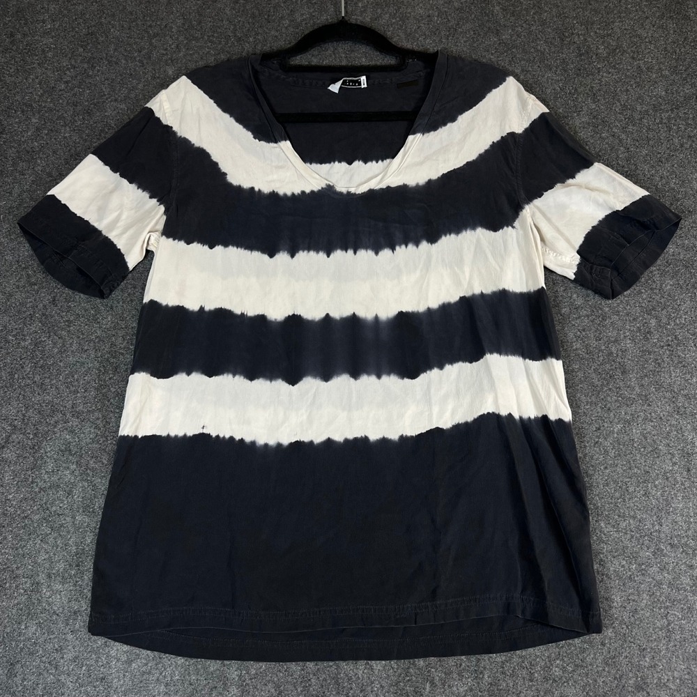 Equipment Femme Silk V-Neck T-Shirt Black White Tie Dye Stripe Q925-E460 Medium